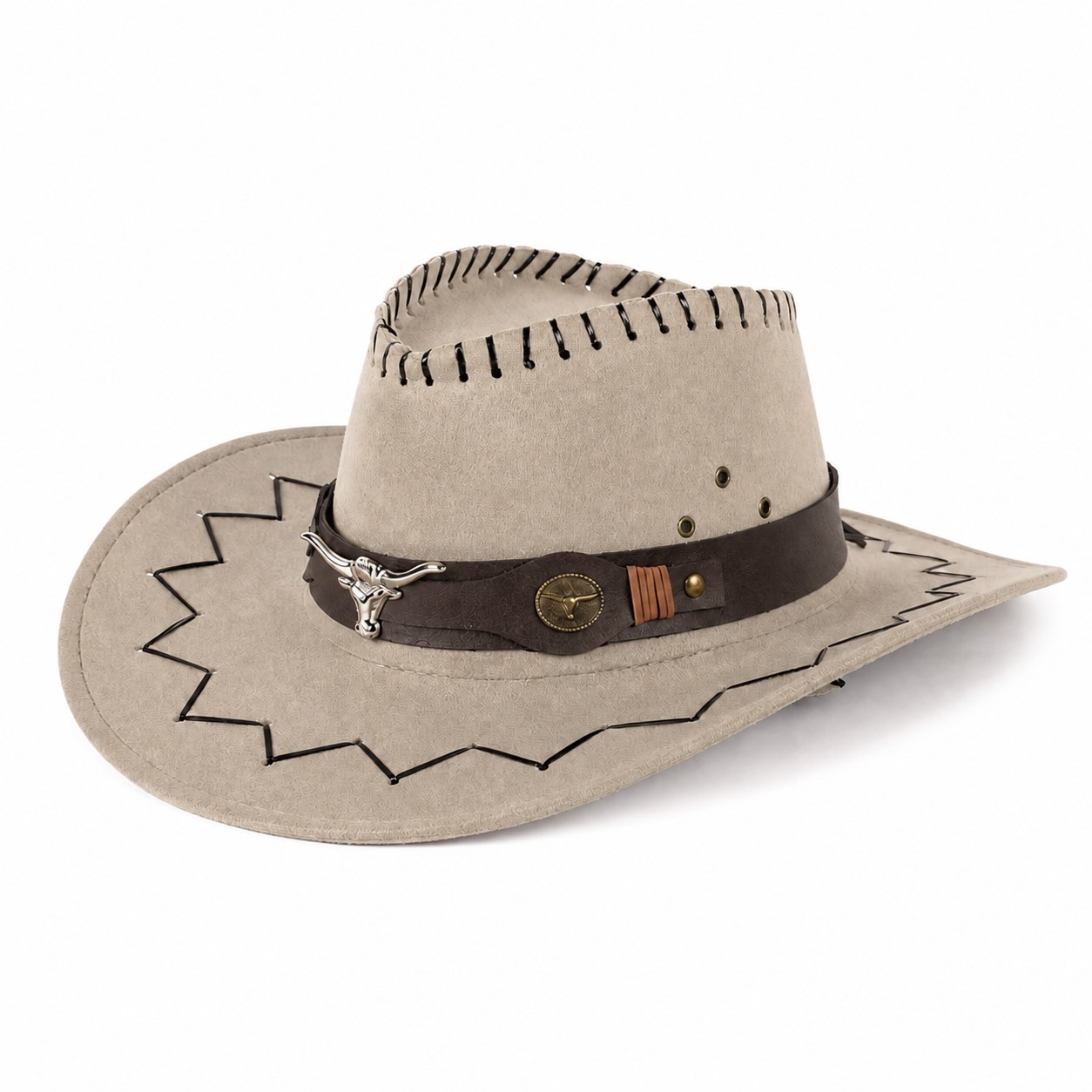 Polyester Cowboy Hat With Western Stitching — Khaki Beige