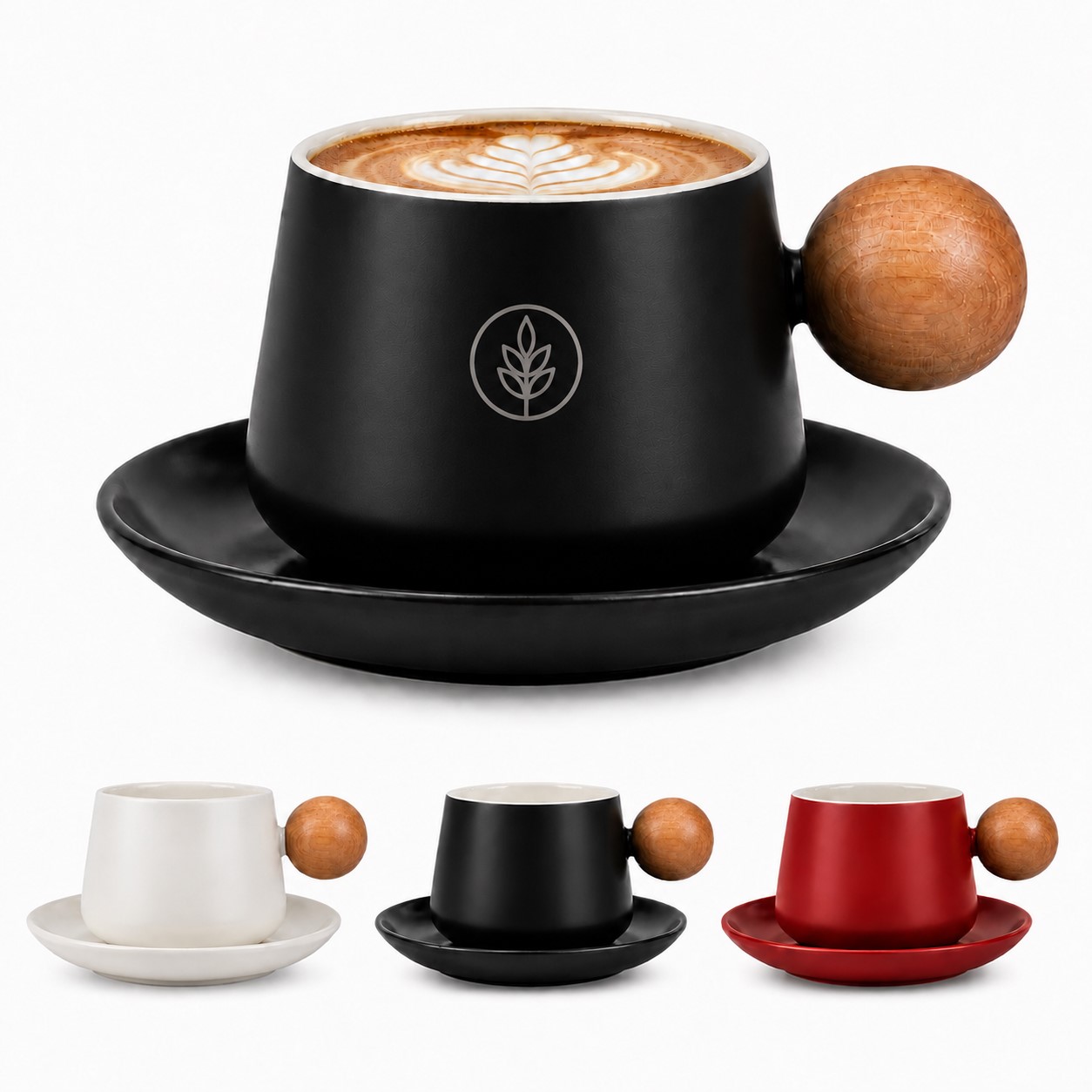 Ceramic Coffee Cup And Saucer With Wood Handle