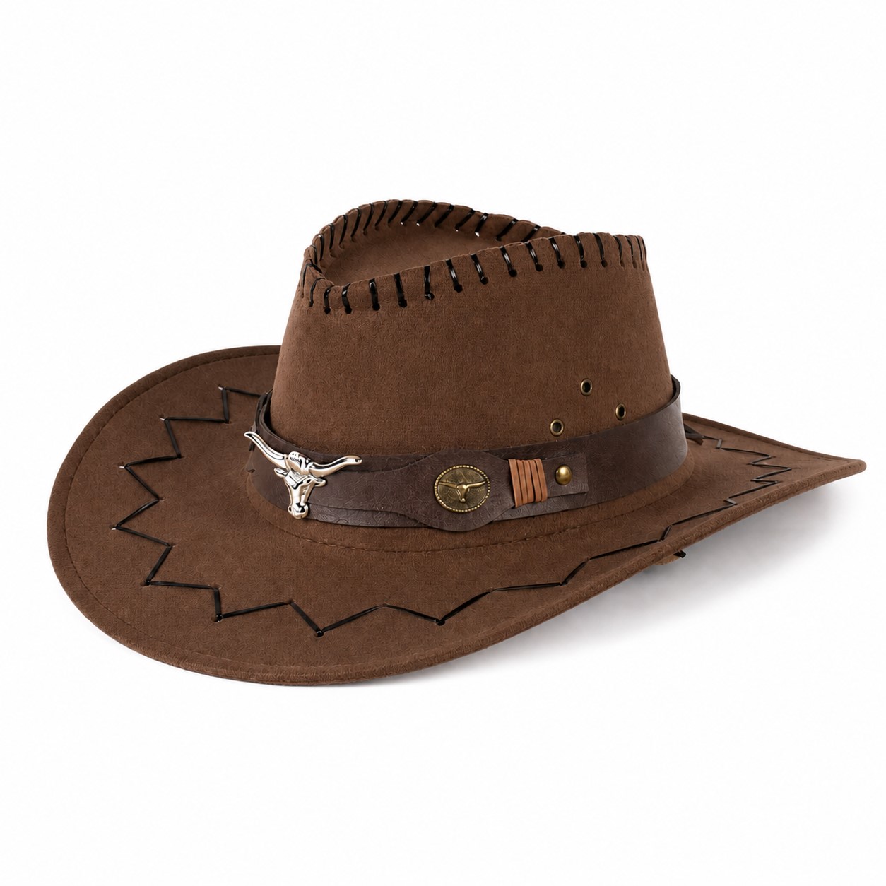 Polyester Cowboy Hat With Western Stitching — Coffee Brown