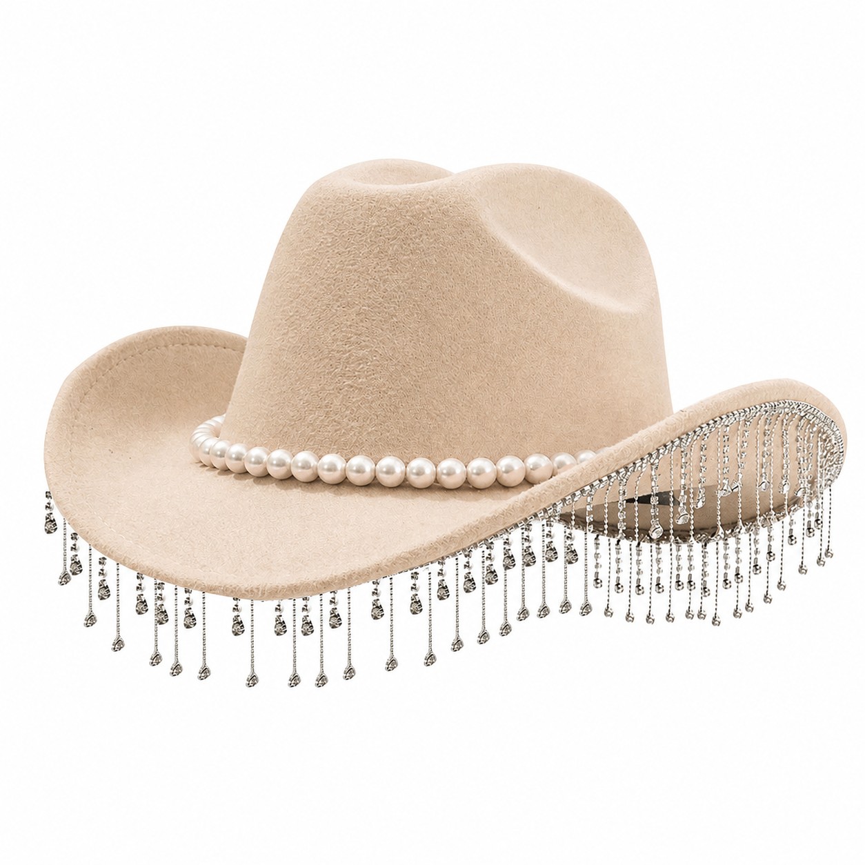 Pearl Fringe Polyester Fedora Hat — Beige