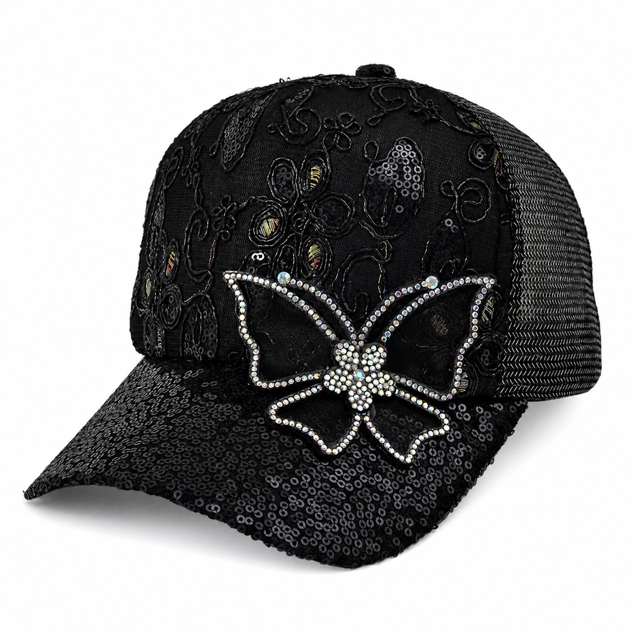 Butterfly Rhinestone Mesh Baseball Cap — Leaf Black