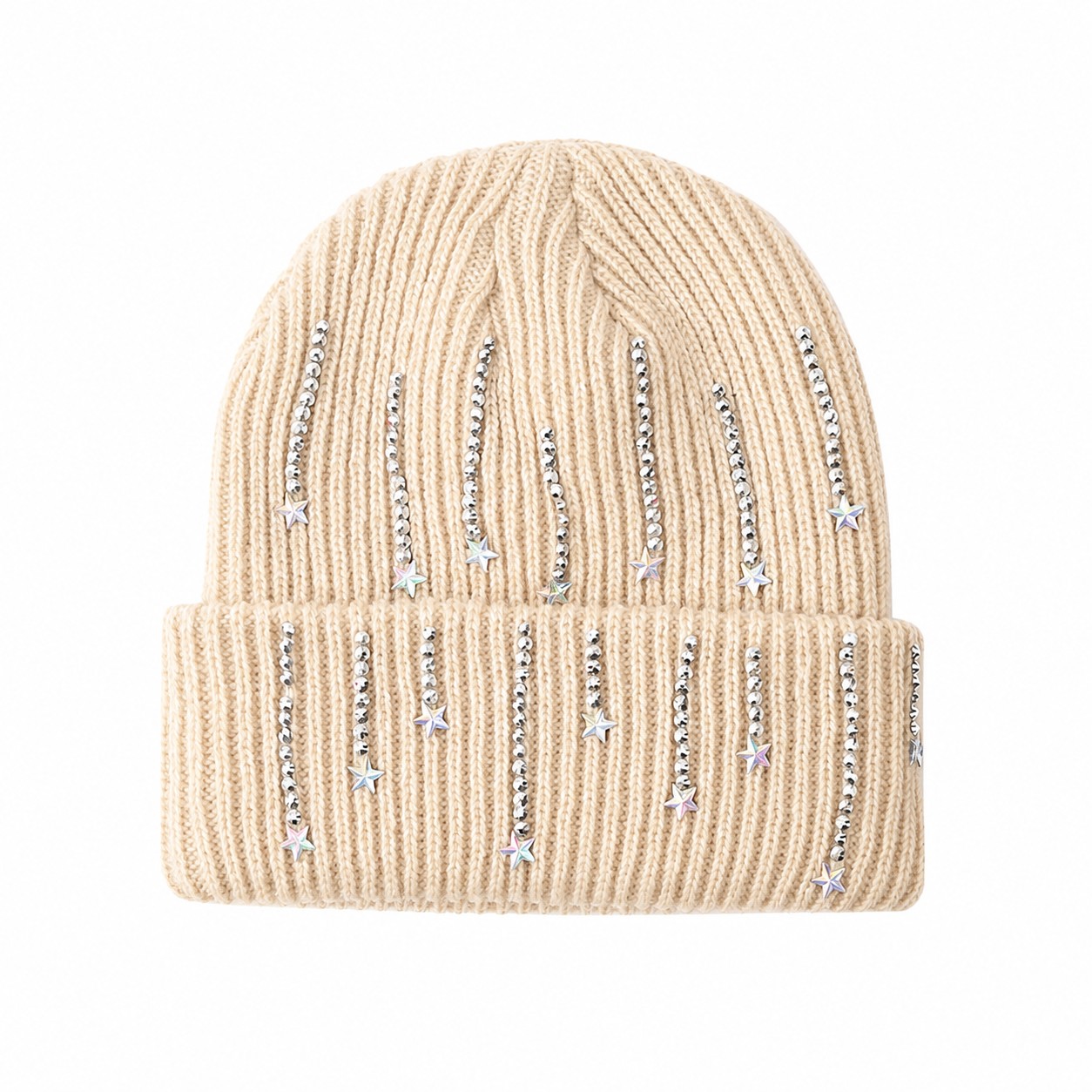 Polyester Star Accent Cuffed Beanie — Beige