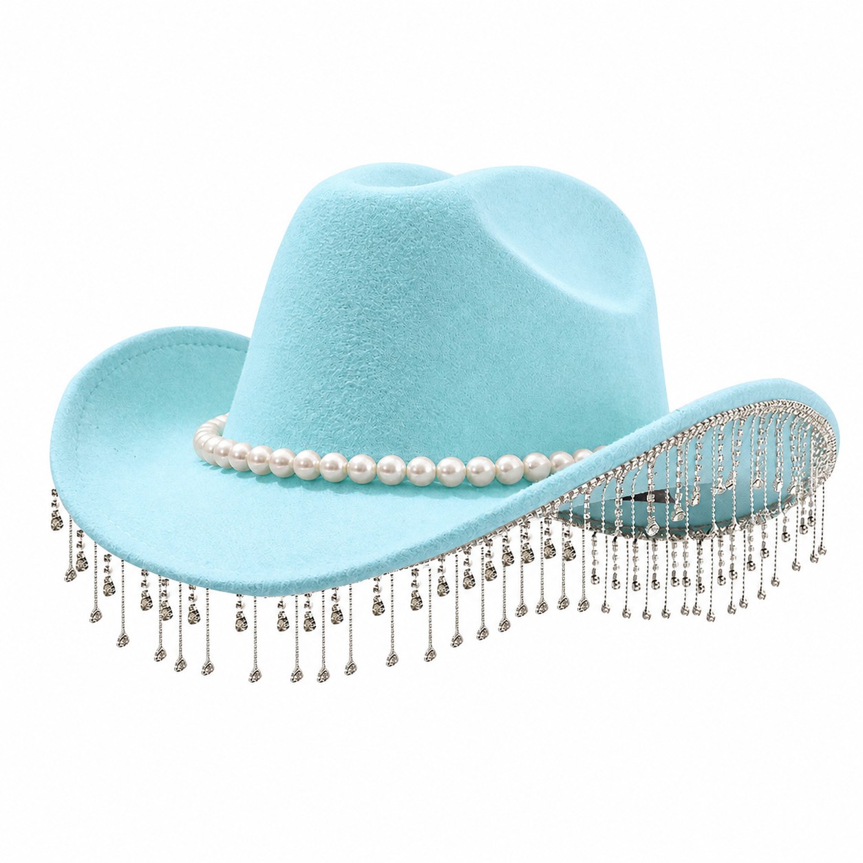 Pearl Fringe Polyester Fedora Hat — Mint Blue