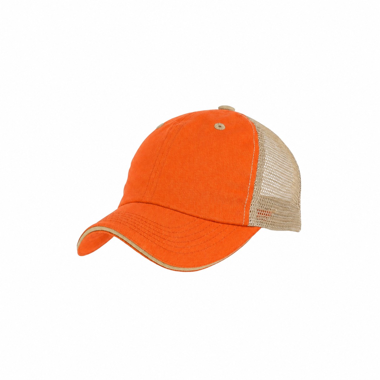 Washed Cotton Mesh Trucker Cap — Orange/Khaki Beige