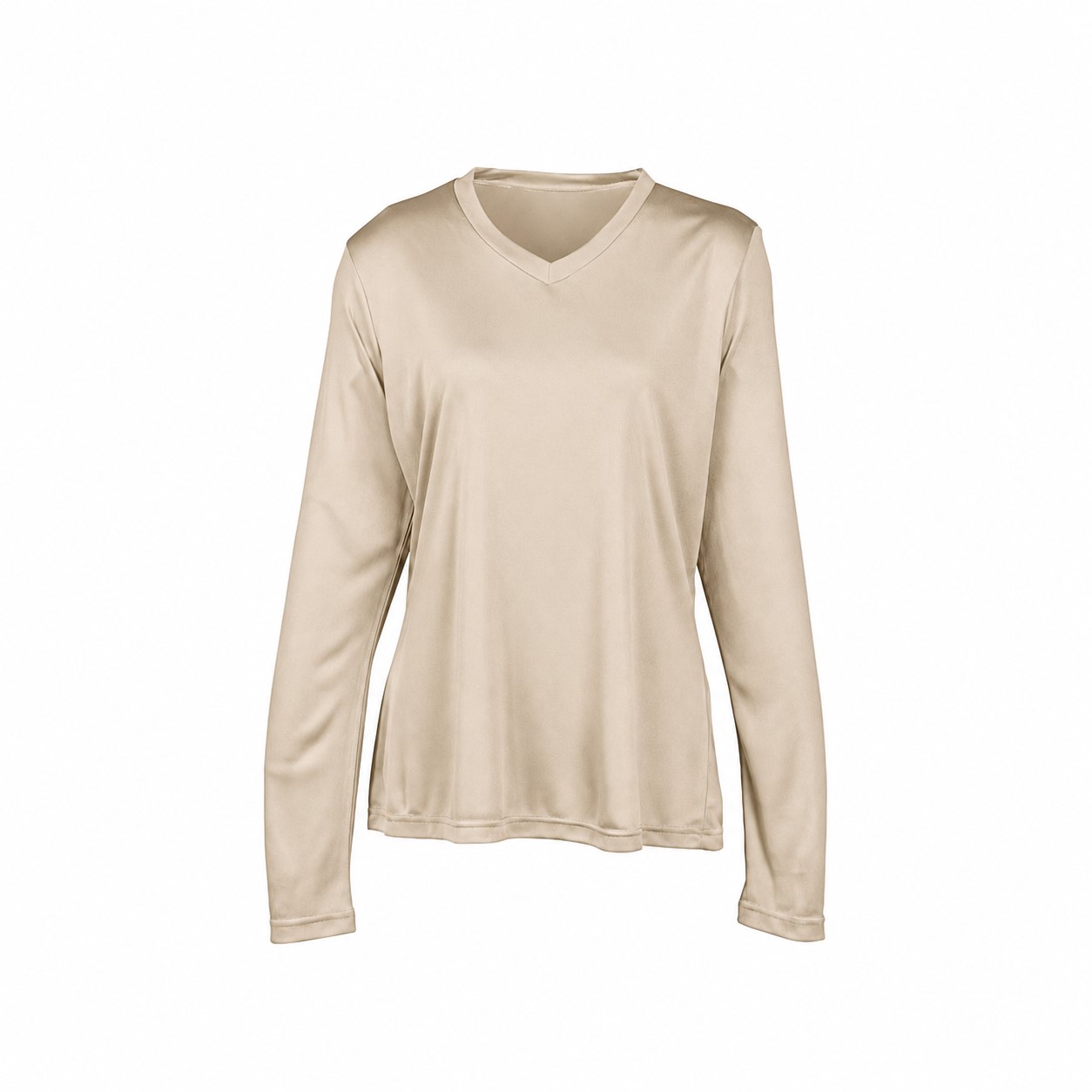 Ladies Polyester V Neck Performance Shirt — Beige