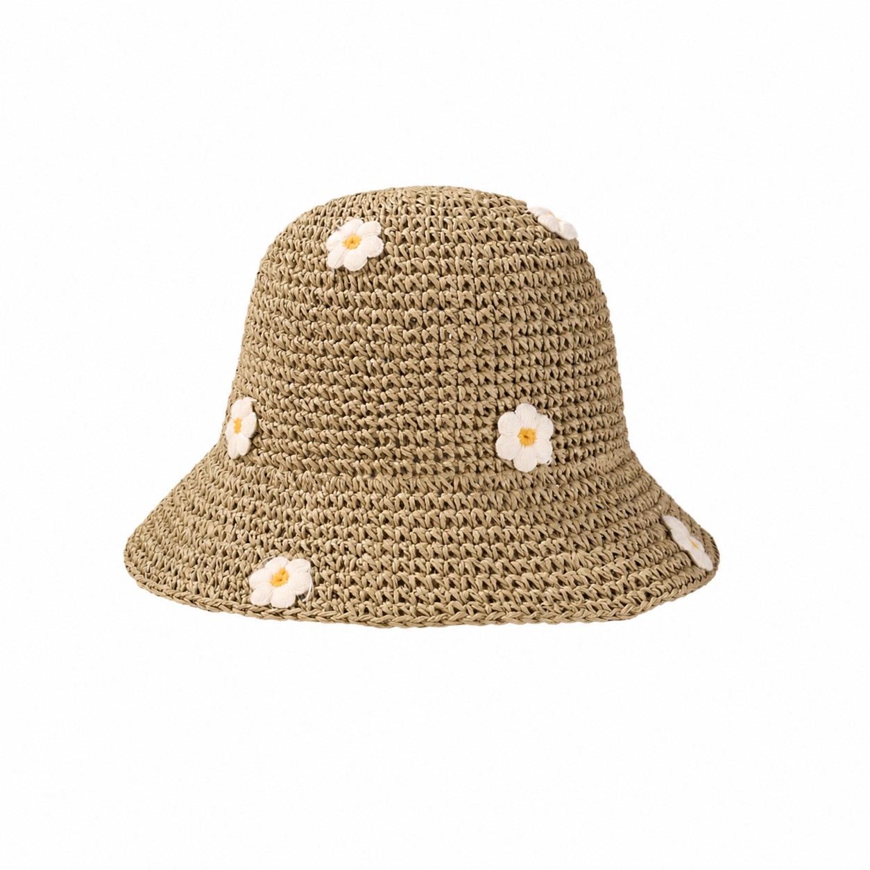Crochet Daisy Straw Bucket Hat — Khaki Beige