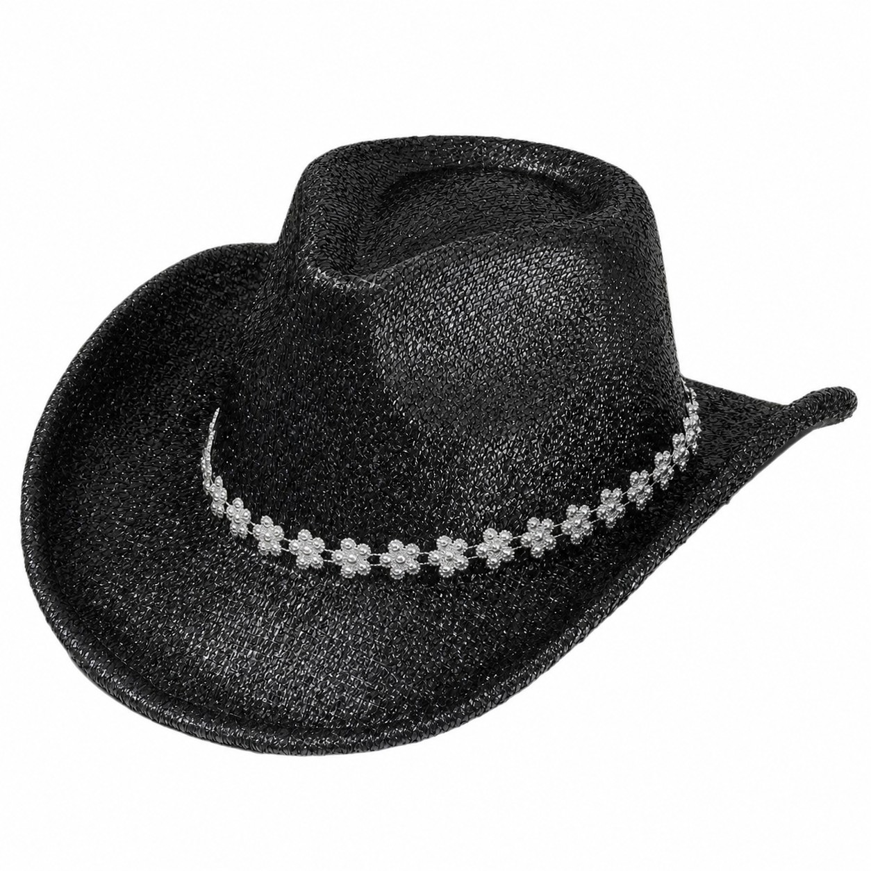 Polyester Flower Band Cowboy Hat — Black