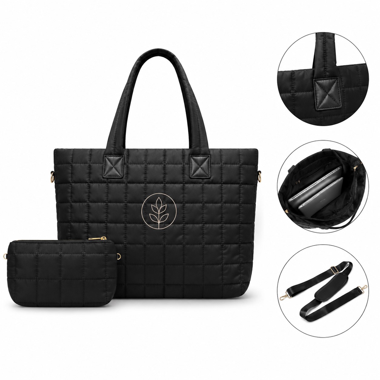 Quilted Nylon Carry Tote With Mini Pouch