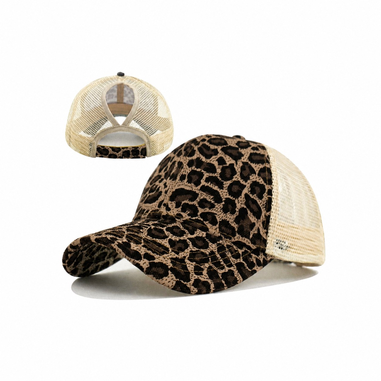 Leopard Polyester Ponytail Trucker Cap — Brown/Black