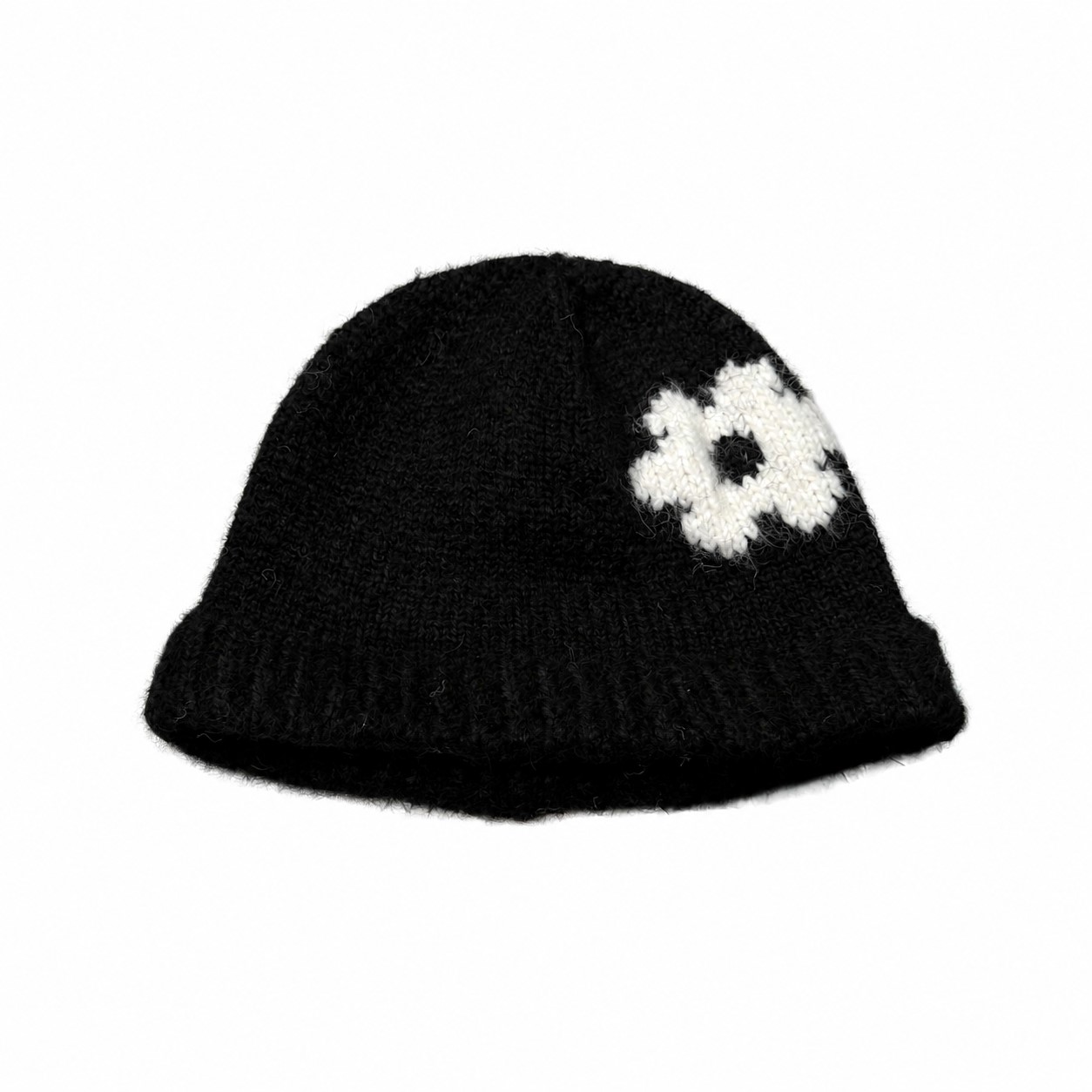 Wool Blend Flower Patch Beanie — Black