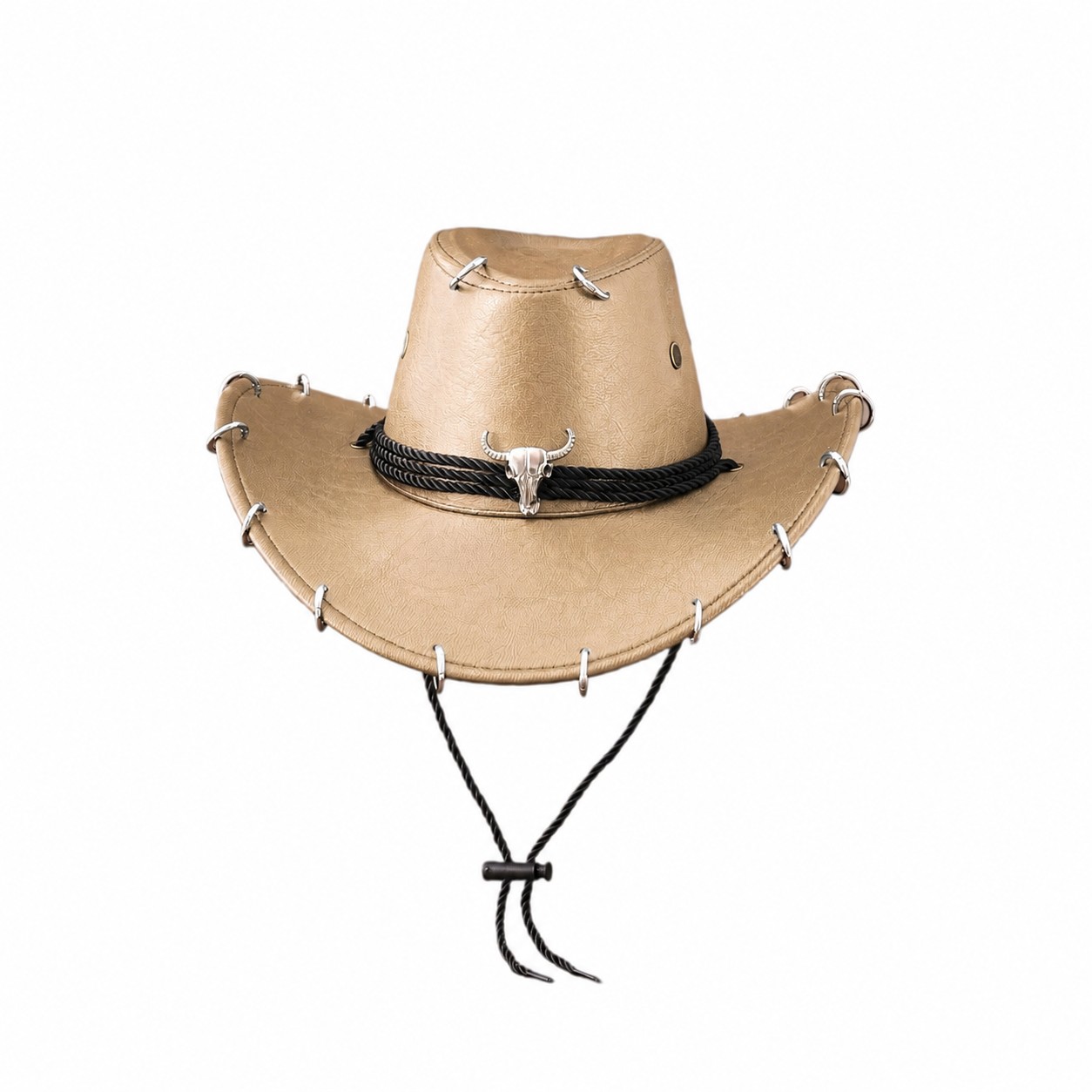 PU Crackle Western Cowboy Hat — Khaki Beige