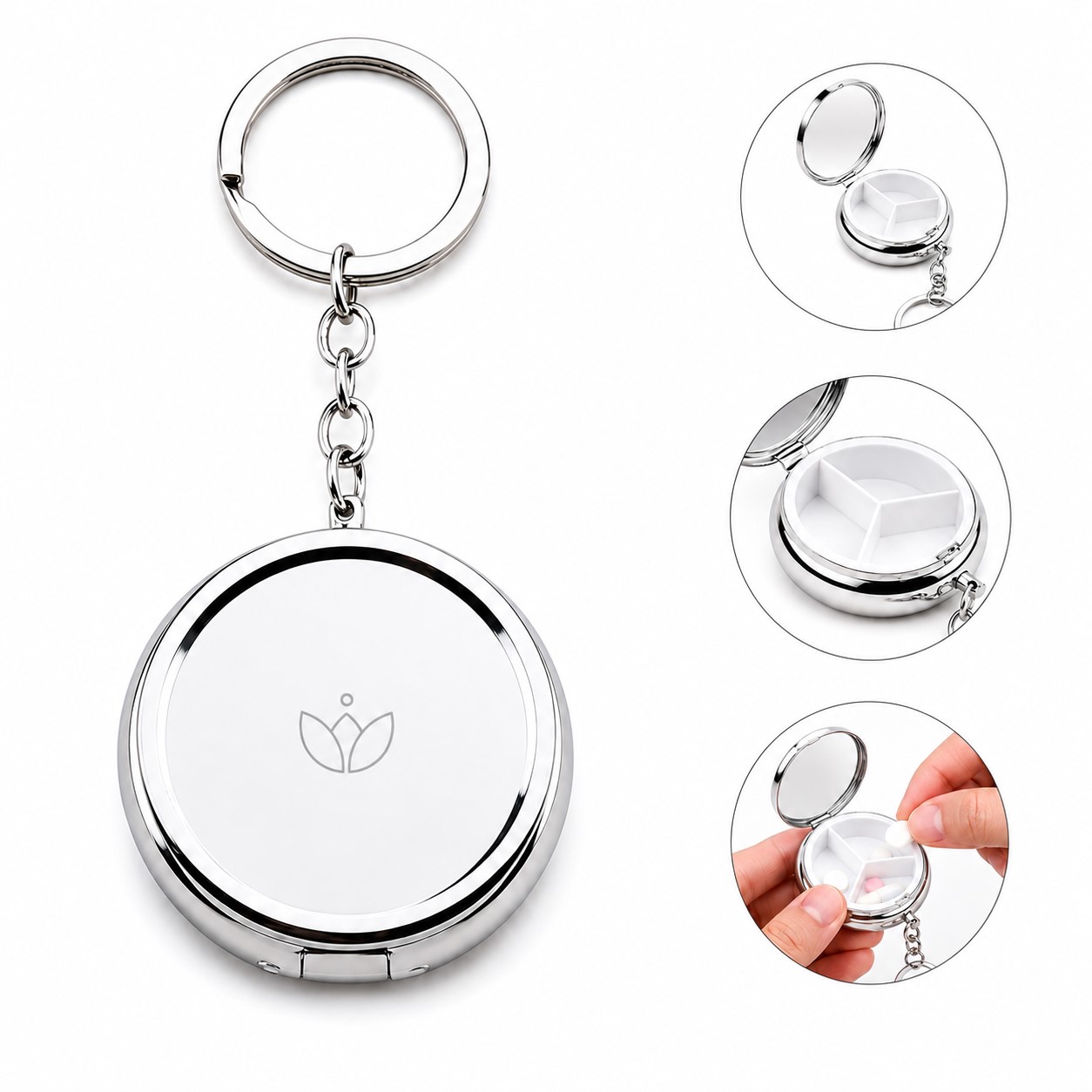 Round Metal Three Compartment Pill Case Keychain