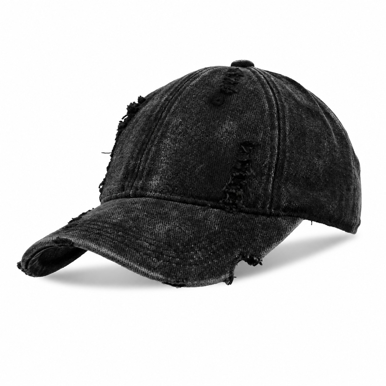 Washed Cotton Distressed Baseball Cap — Black