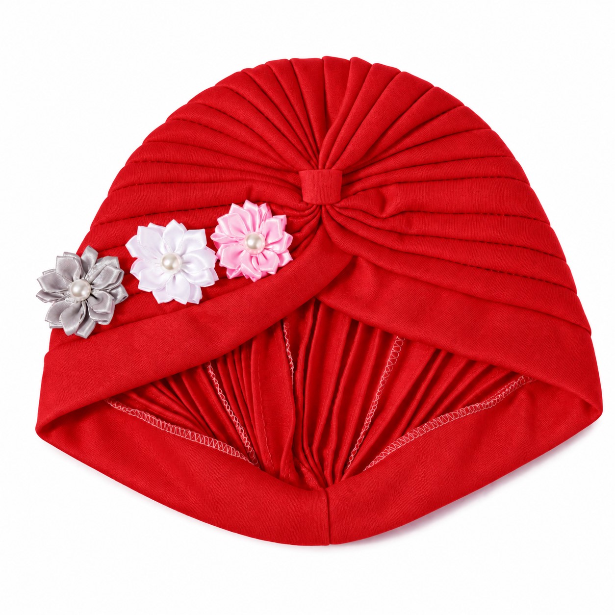 Pleated Polyester Floral Turban Wrap — Red