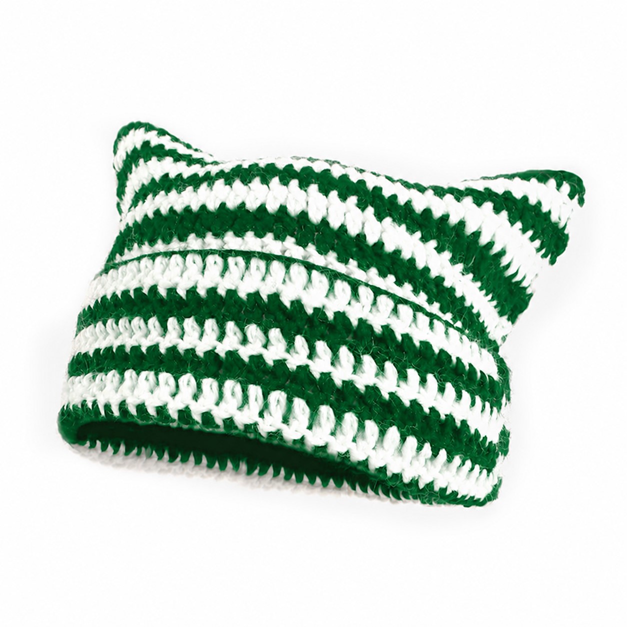 Striped Acrylic Crochet Beanie Hat — Green
