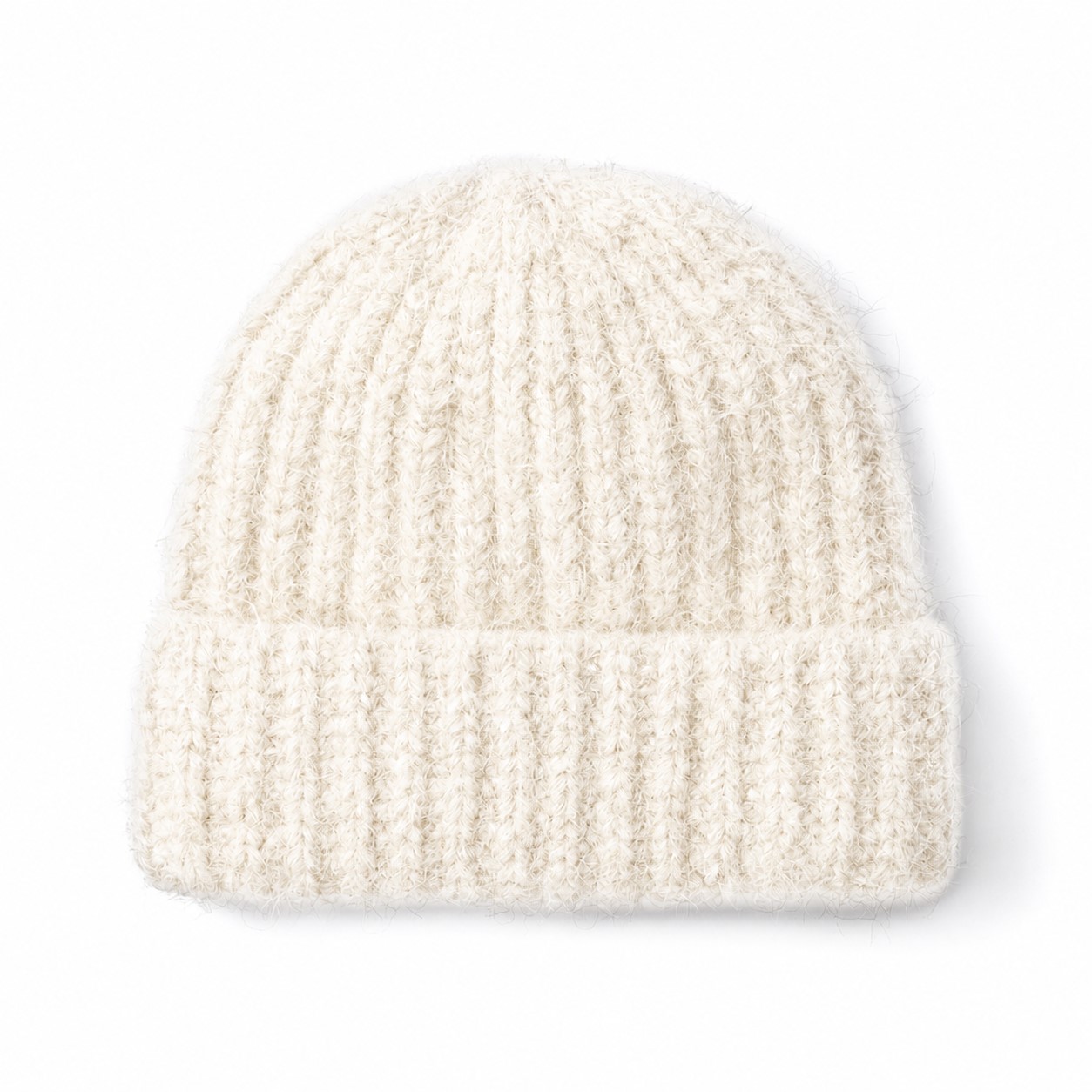 Fuzzy Polyester Cuffed Watch Beanie — Ivory White