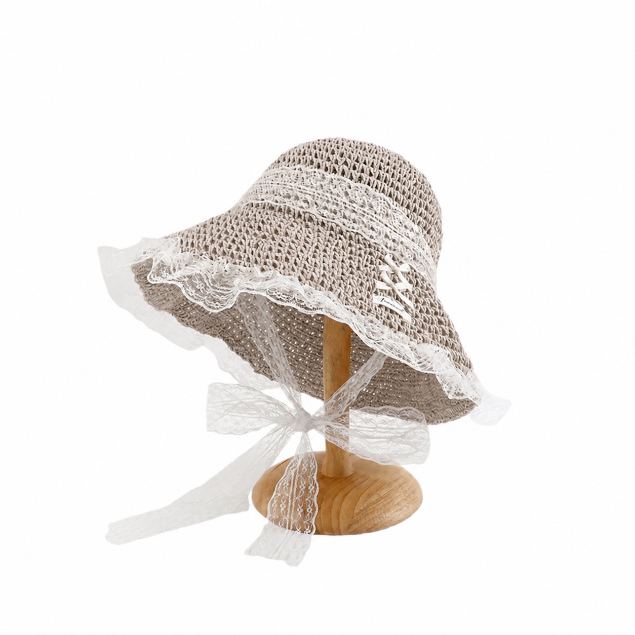 Straw Sun Hat With Lace Trim — Khaki Beige