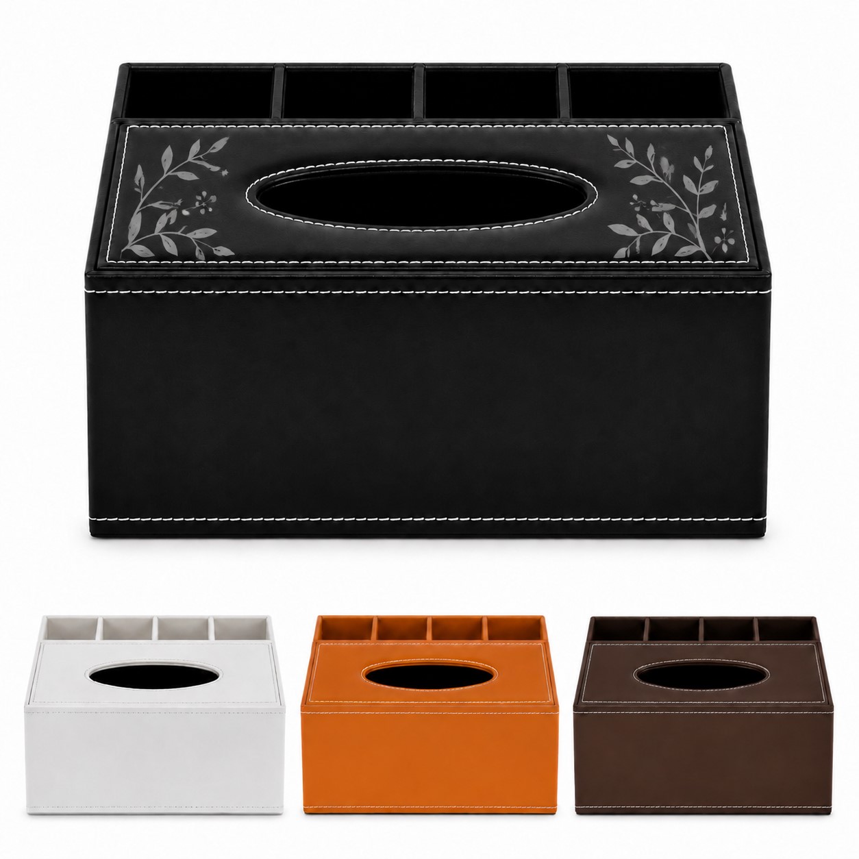 Compartmented PU Leather Tissue Box Organizer
