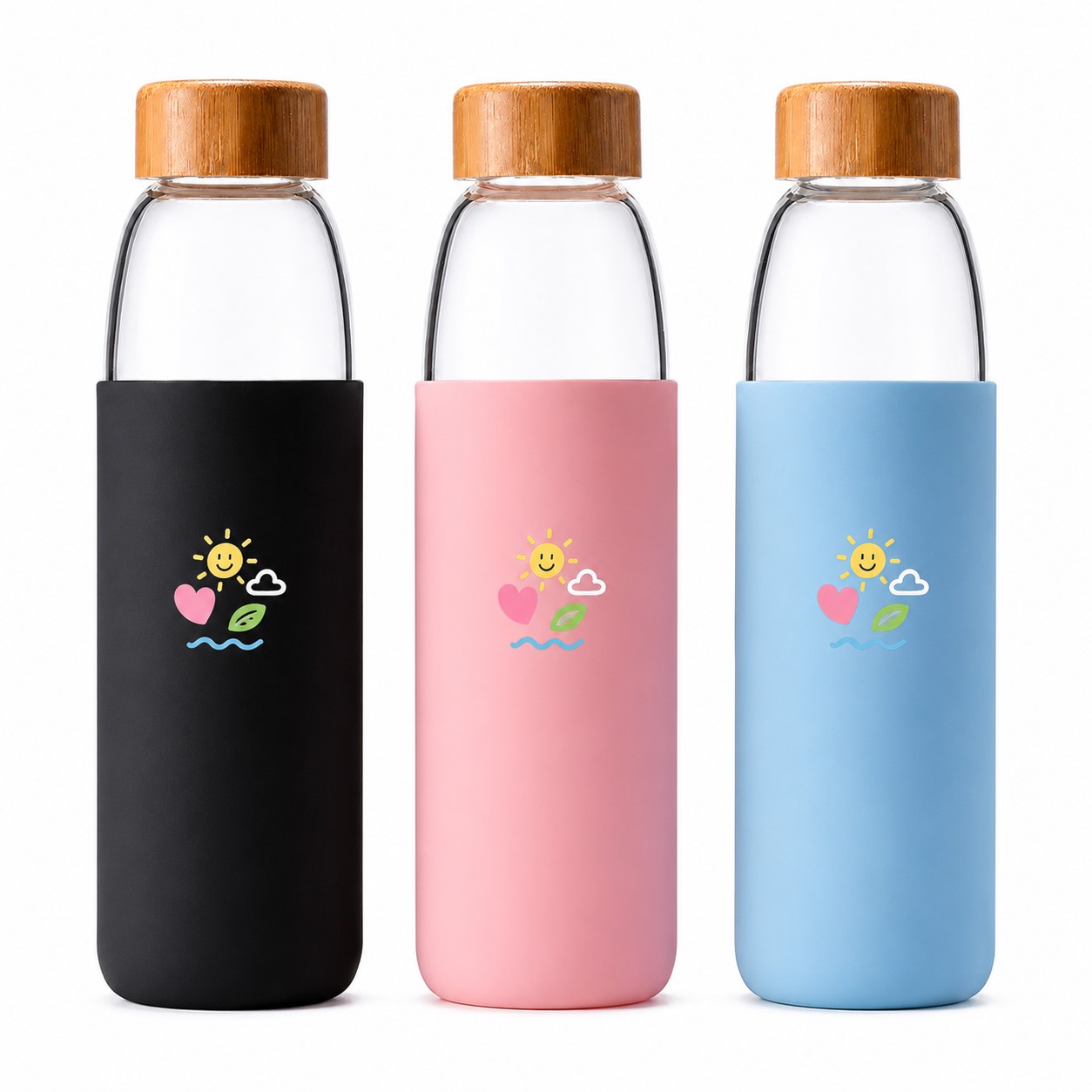 Sleeved Glass Water Bottle With Bamboo Lid