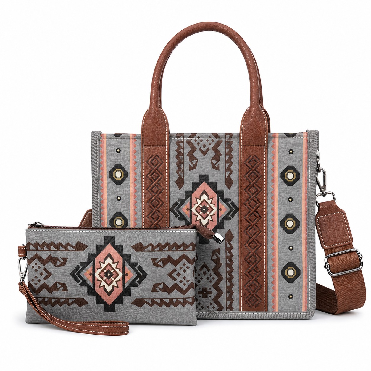 Canvas Western Tote Bag Set — Gray