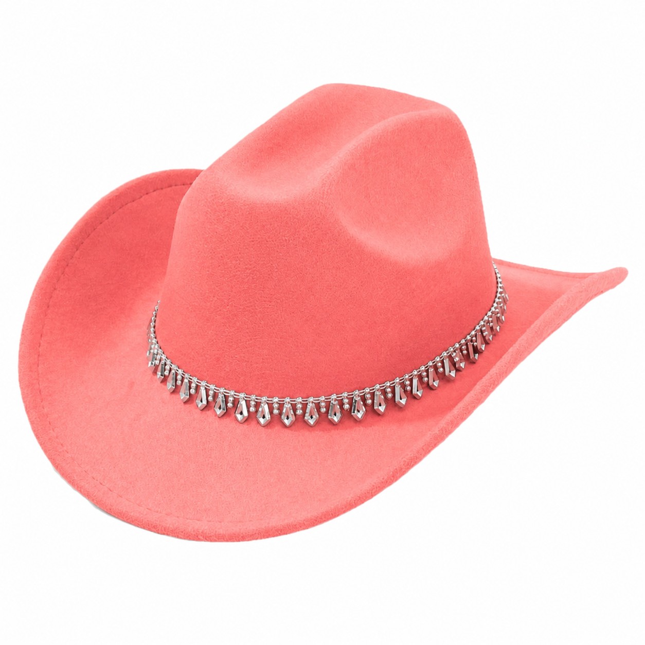 Rhinestone Band Polyester Cowboy Hat — Coral Pink