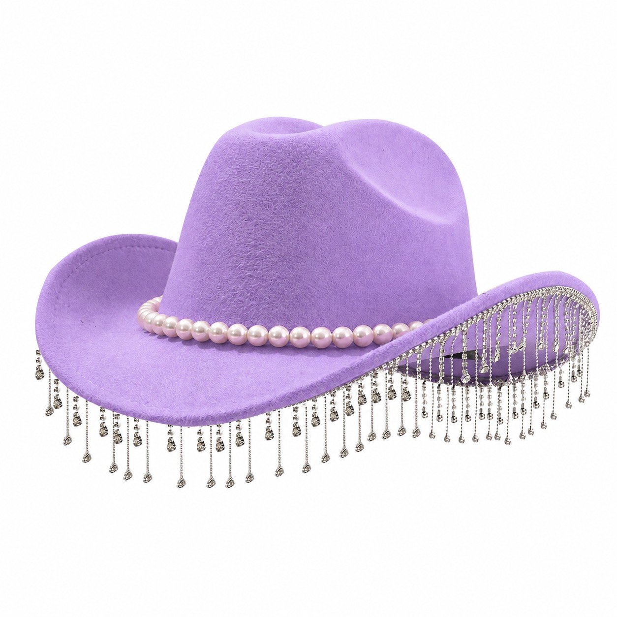 Pearl Fringe Polyester Fedora Hat — Lavender Purple