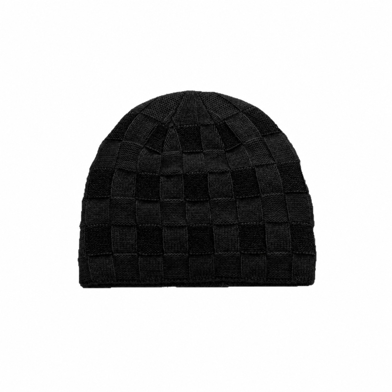Wool Blend Checkerboard Knit Beanie — Black