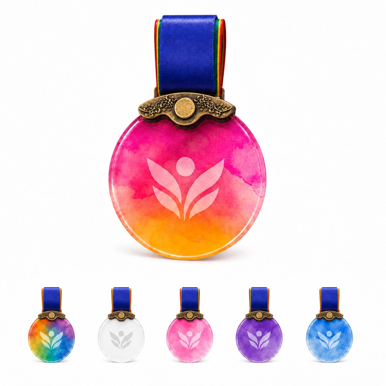 Round Crystal Recognition Medal With Neck Ribbon