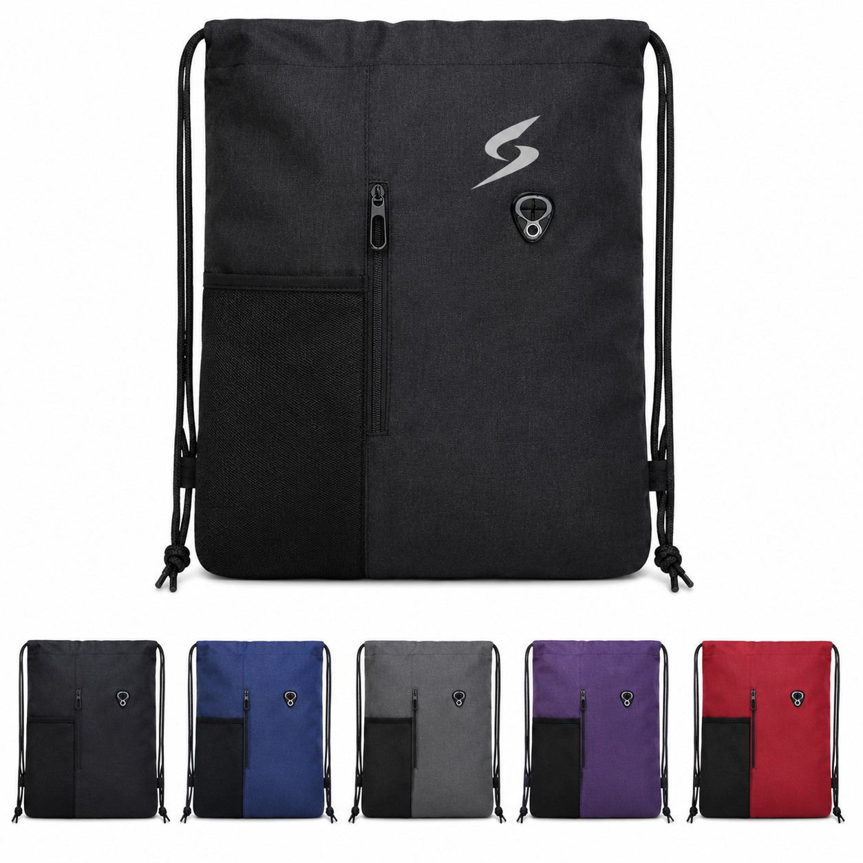 Two Tone Nylon Drawstring Backpack With Zipper Pocket