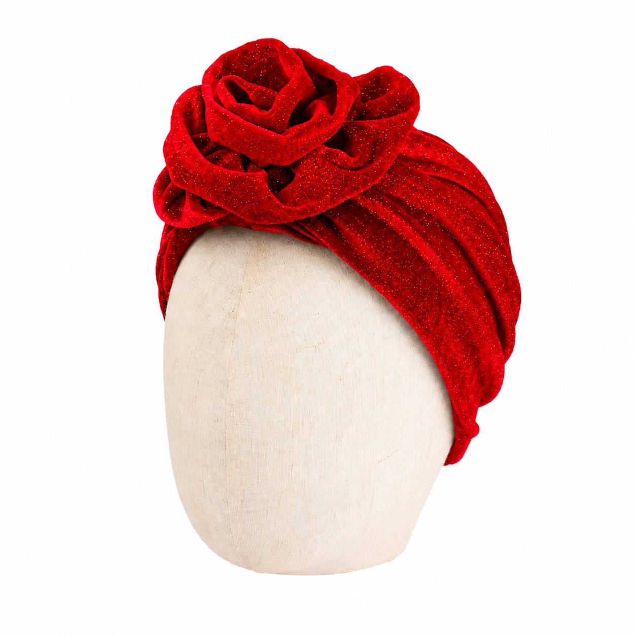 Velvet Rosette Turban Beanie Hat — Red