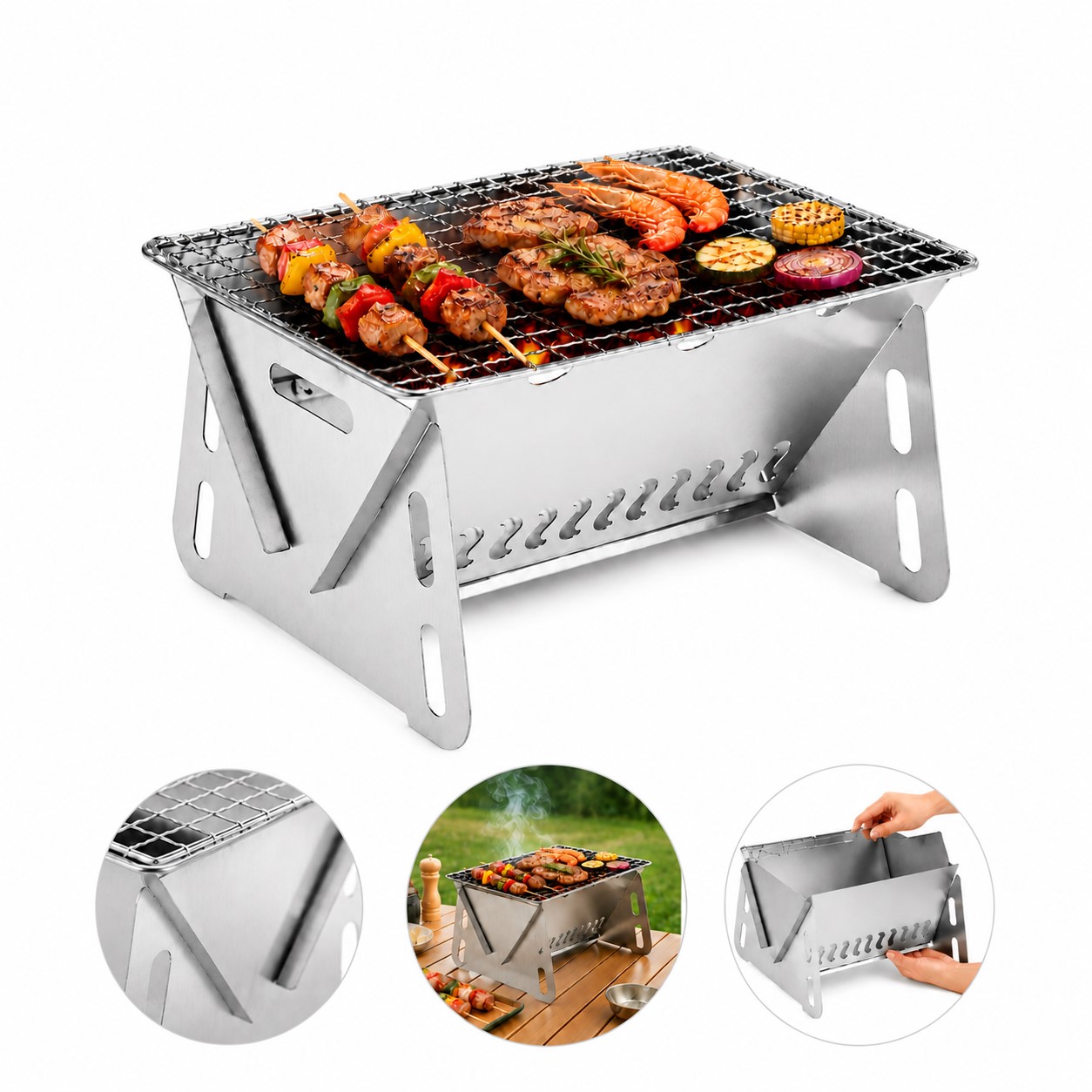 Compact Folding Stainless Steel Charcoal Grill