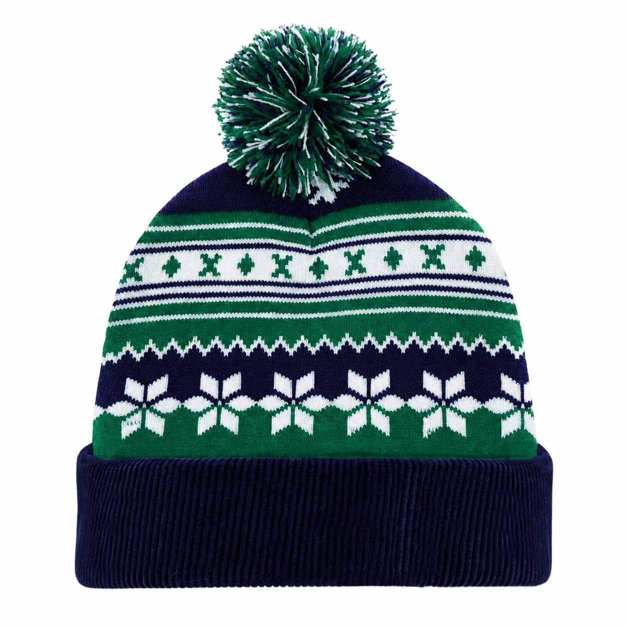 Jacquard Polyester Pom Beanie — Emerald Green