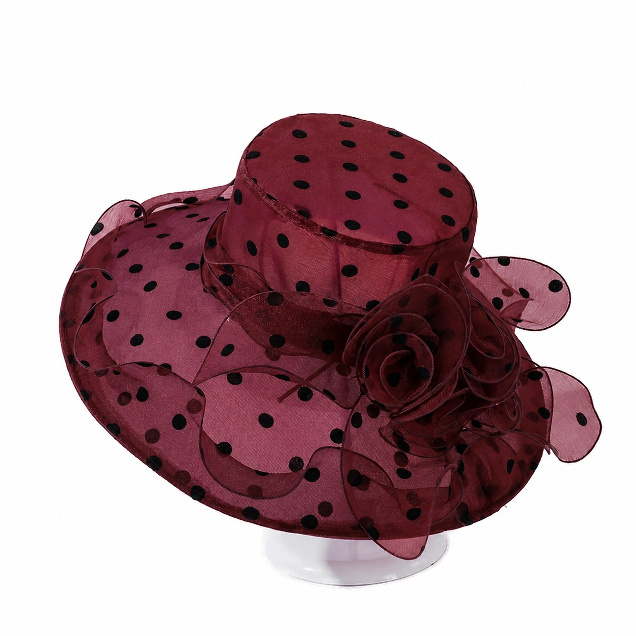Organza Polka Dot Flower Hat — Burgundy Red