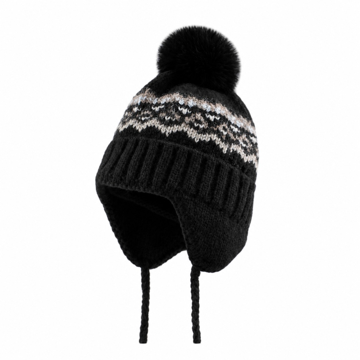 Polyester Earflap Pom Beanie — Black