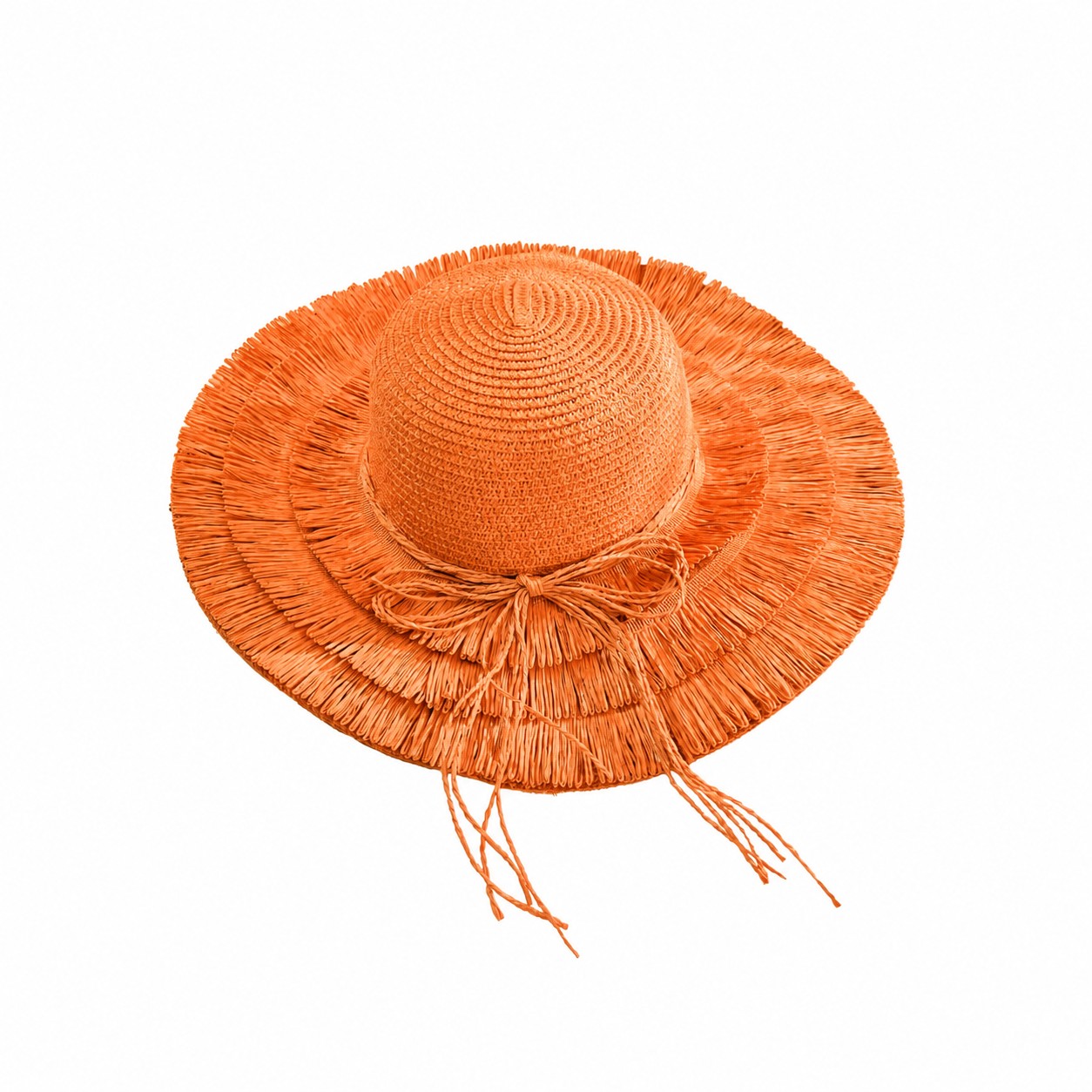 Straw Fringe Wide Brim Sun Hat — Apricot Orange