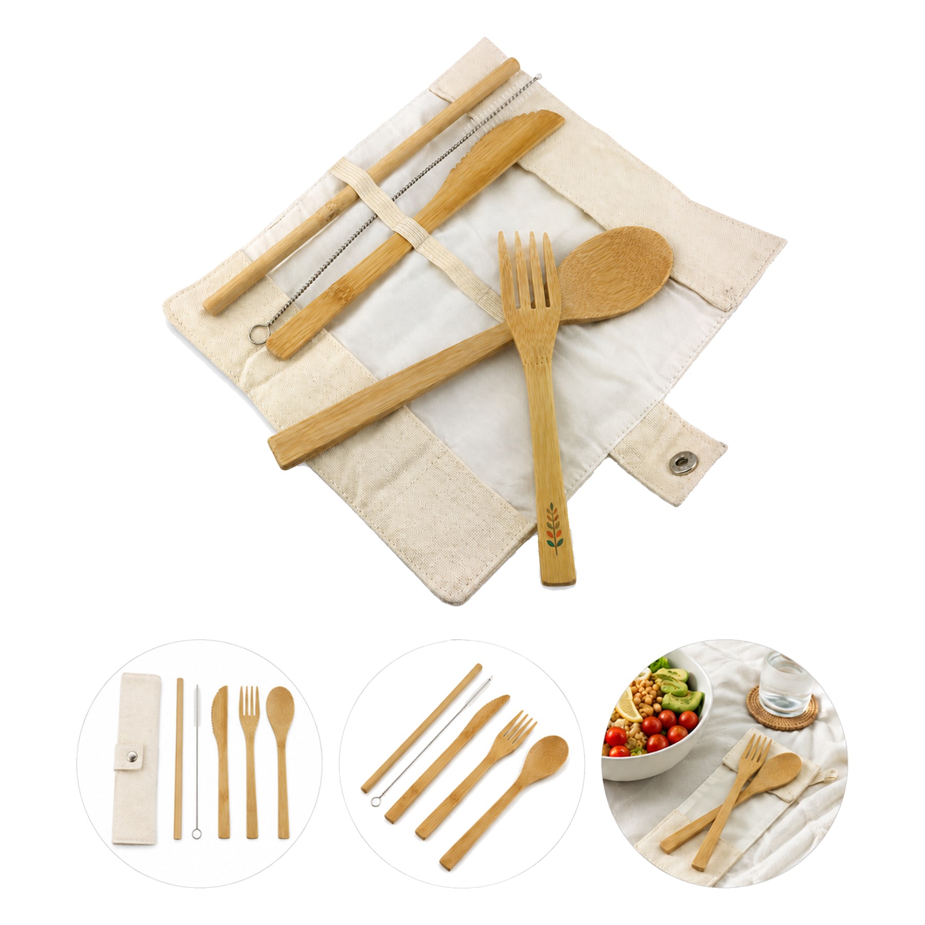 Bamboo Cutlery Set With Cotton Canvas Pouch