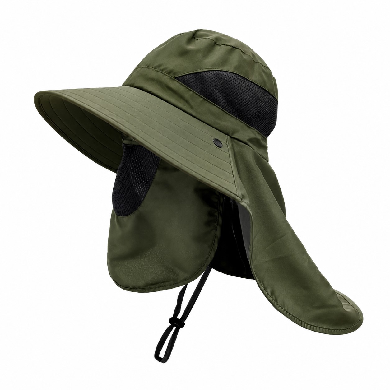 Polyester Neck Flap Fishing Hat — Army Green