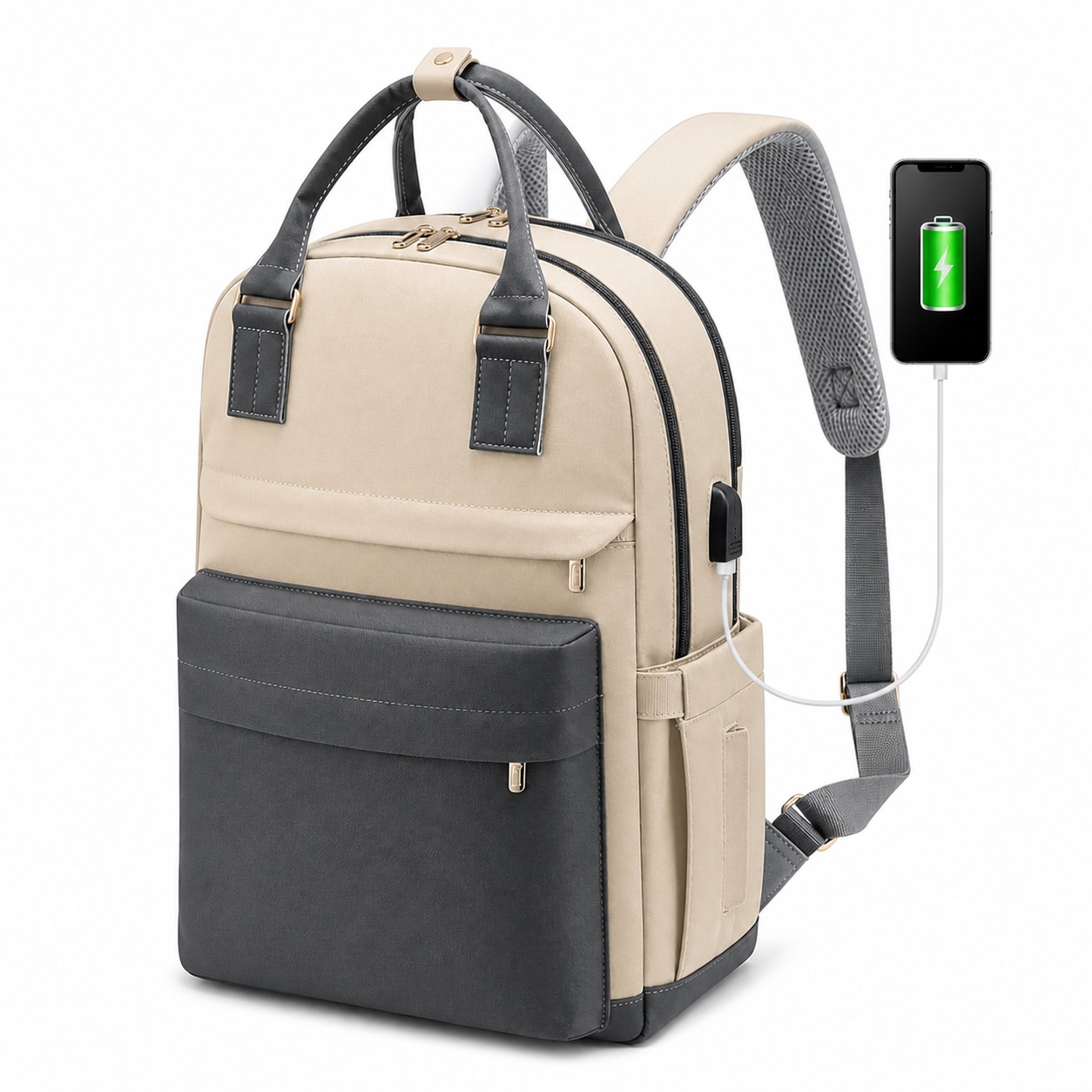 Waterproof Nylon Laptop Backpack — Beige