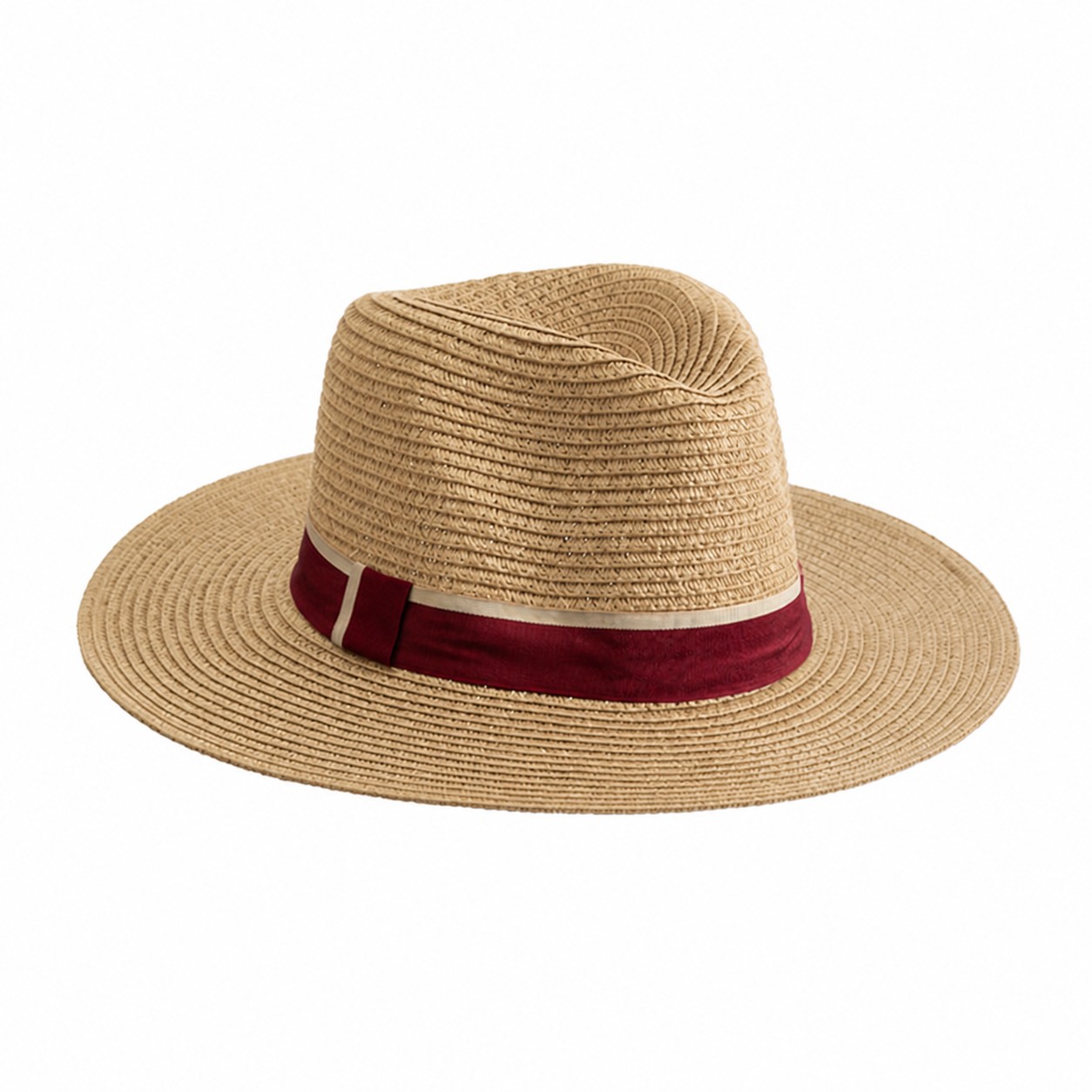 Ribbon Band Straw Fedora Hat — Khaki Beige