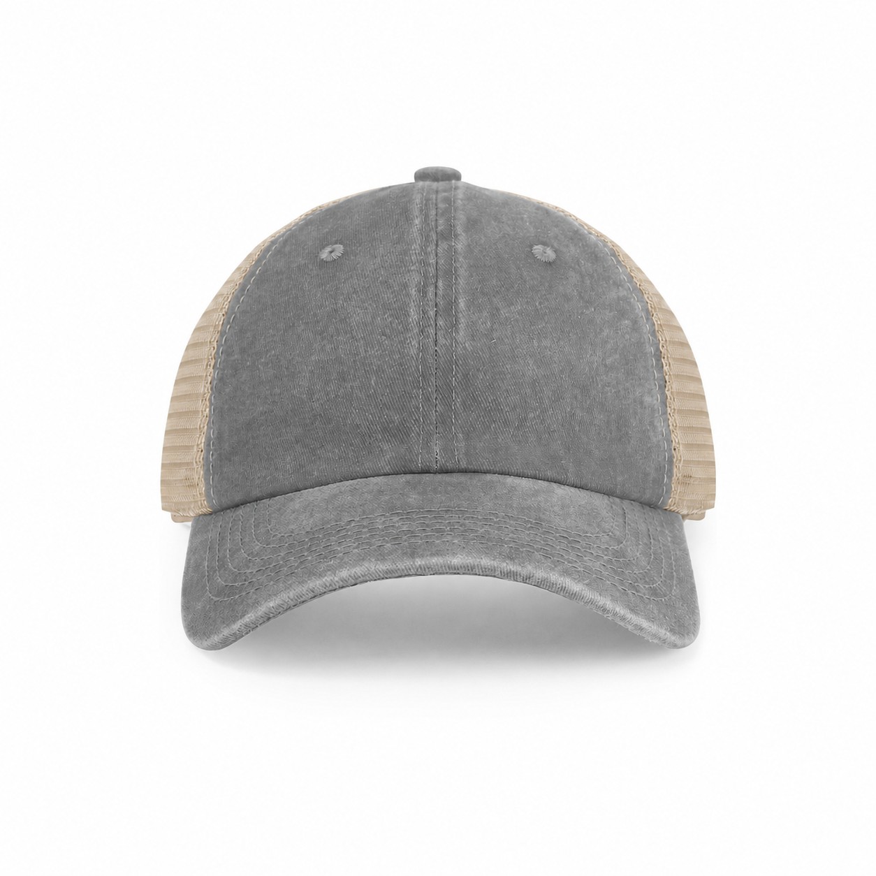 Pigment Dyed Mesh Trucker Cap — Gray/Khaki Beige