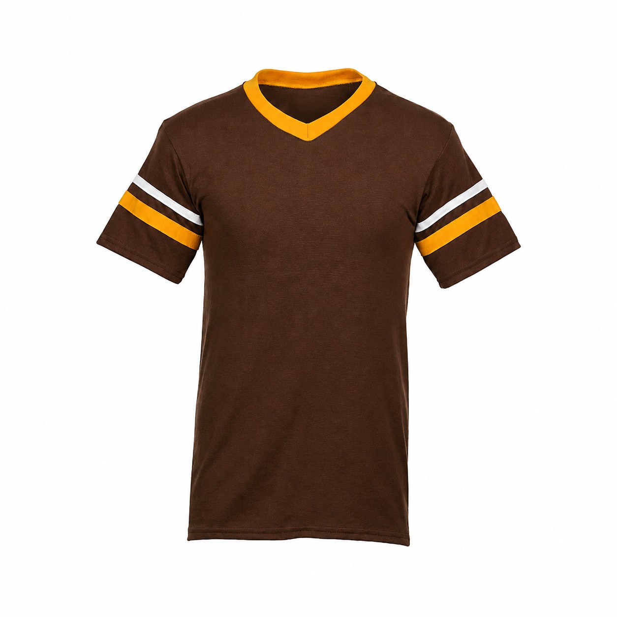 Stripe Trim Cotton Polyester V Neck Shirt — Brown