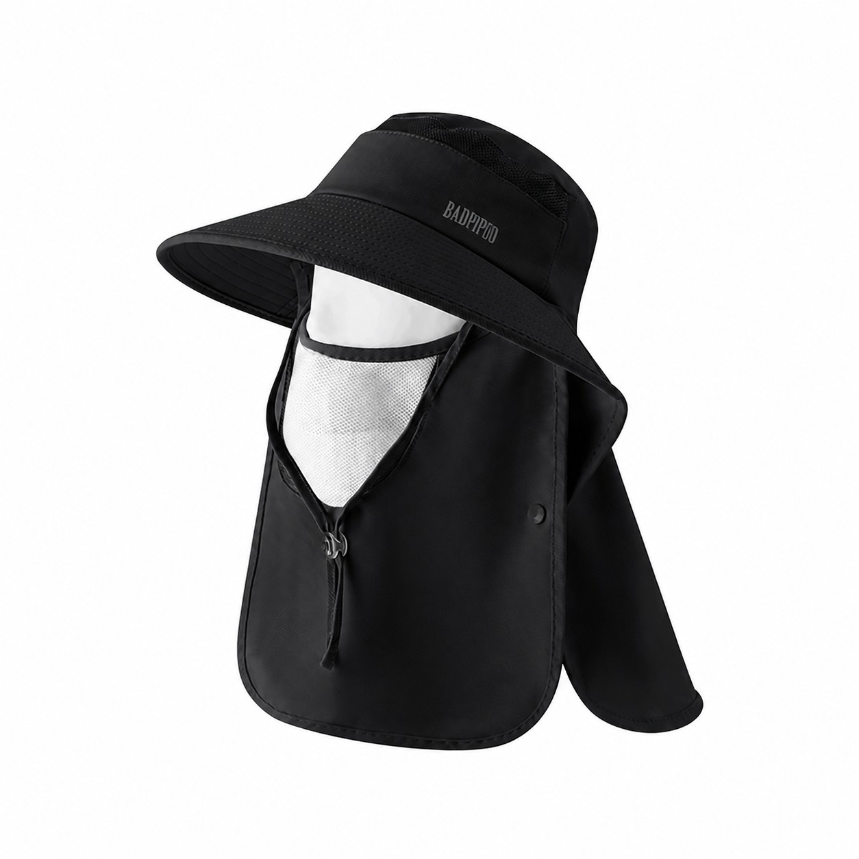 Polyester Sun Hat With Neck Drape — Black