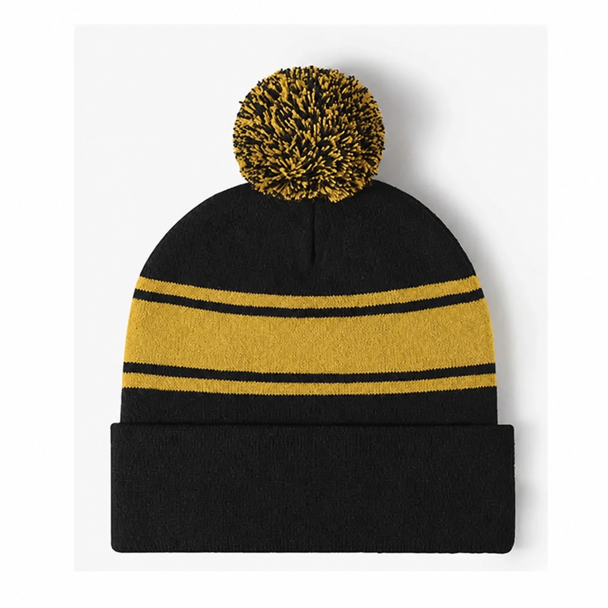 Acrylic Stripe Pom Beanie Hat — Black
