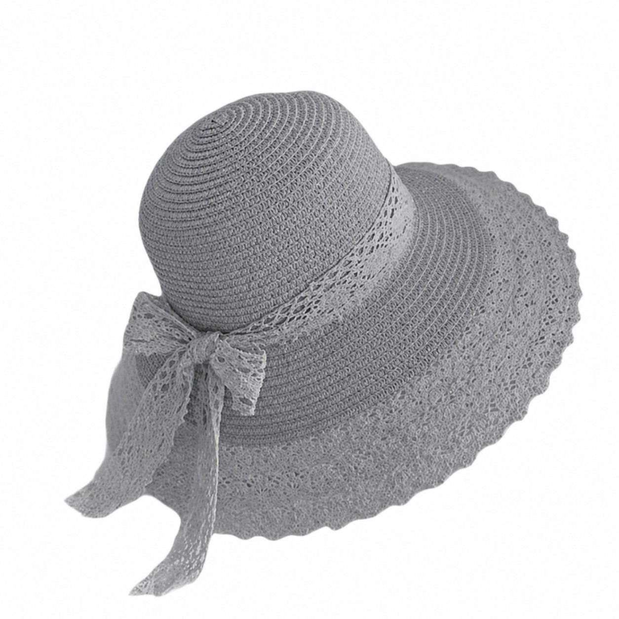 Lace Trim Straw Beach Hat — Gray