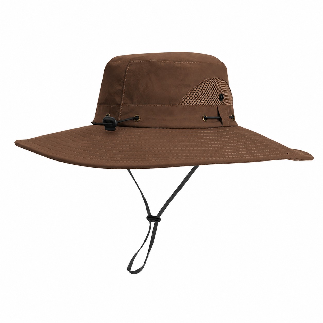 Nylon Drawstring Safari Sun Hat — Coffee Brown