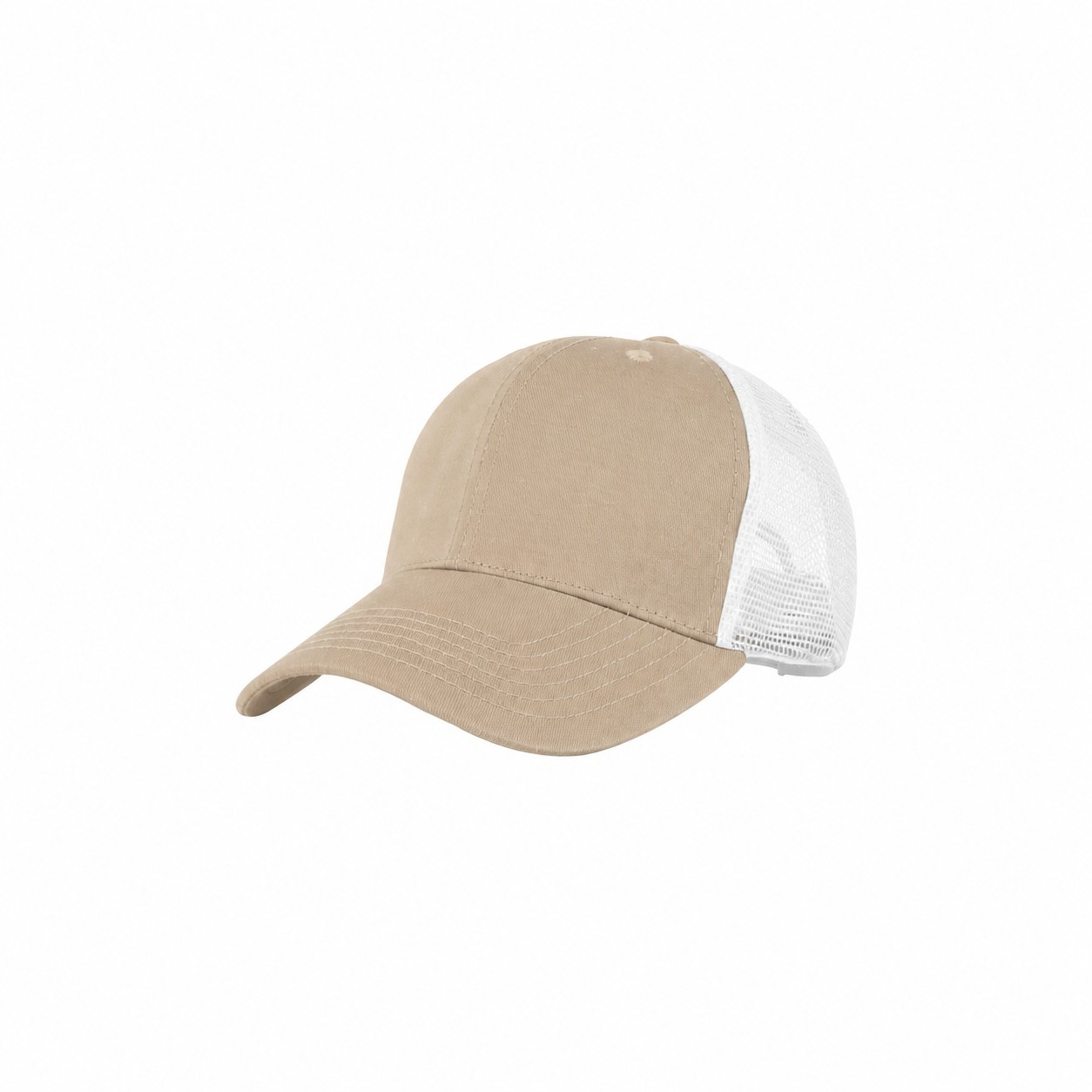 Six-Panel Low-Profile Trucker Cap — Khaki Beige/White