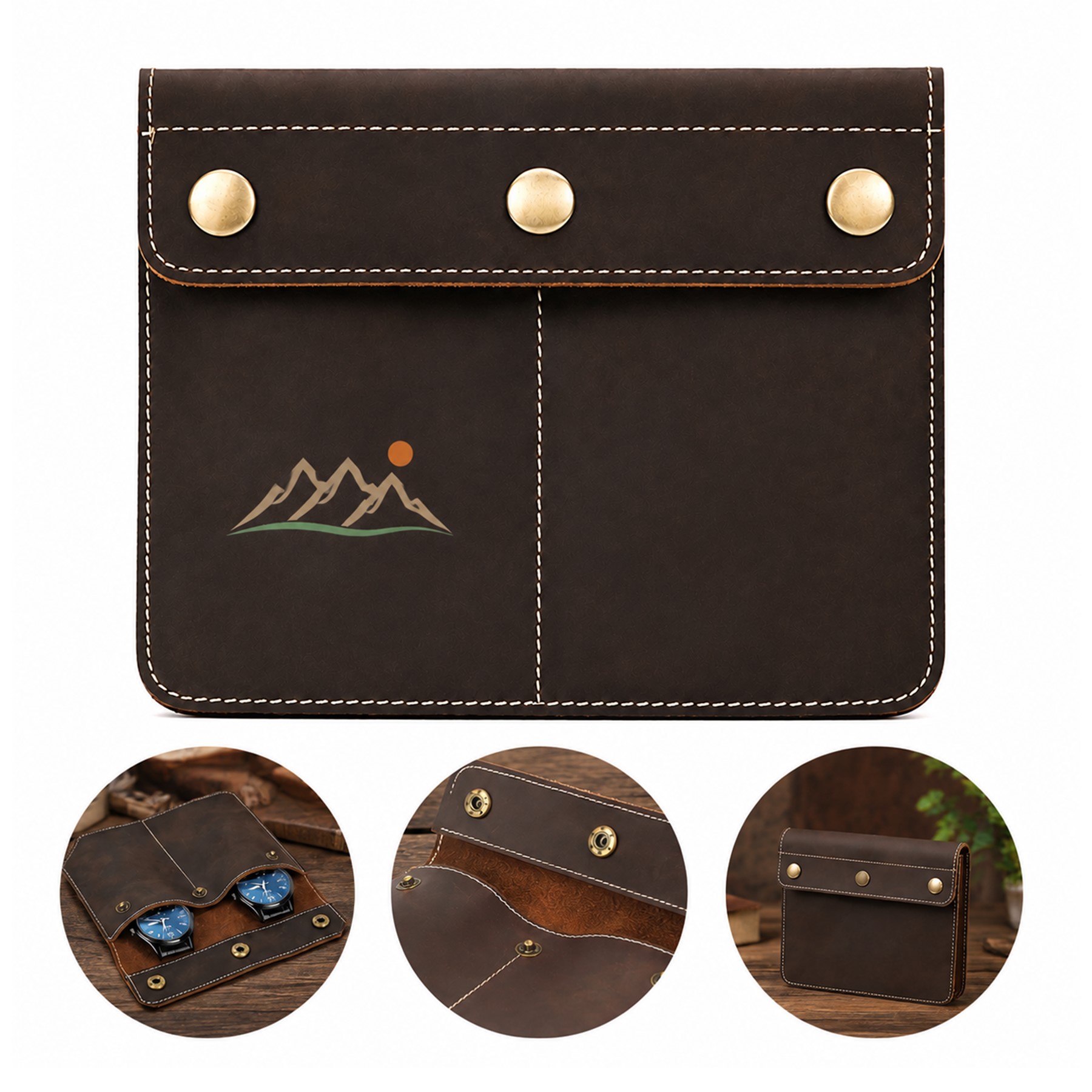Leather Dual Watch Pouch With Snap Flap