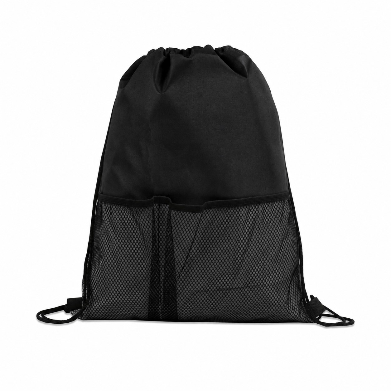 Mesh Pocket Drawstring Backpack — Black