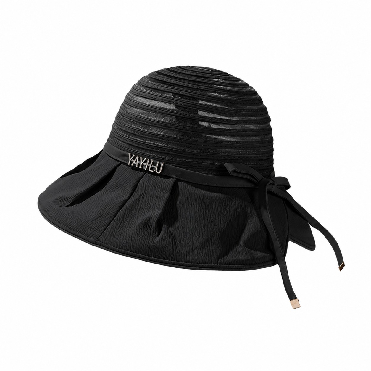 Cotton Blend Bow Brim Sun Hat — Black