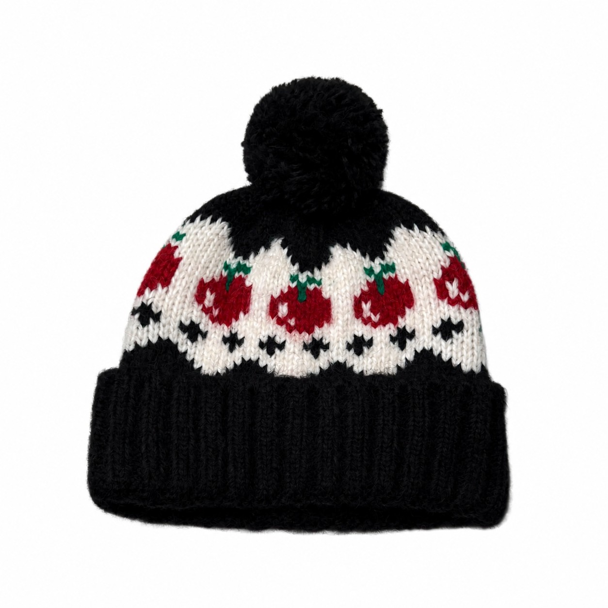 Cherry Pattern Wool Blend Beanie — Black